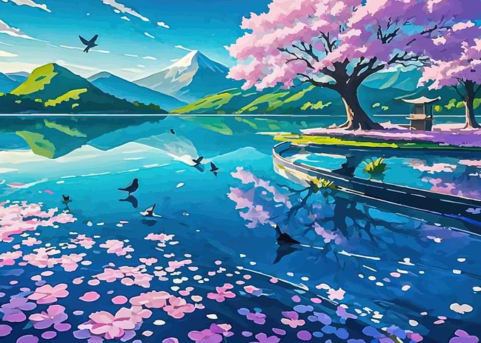 Serene Japanese Lakeside Cherry Blossoms