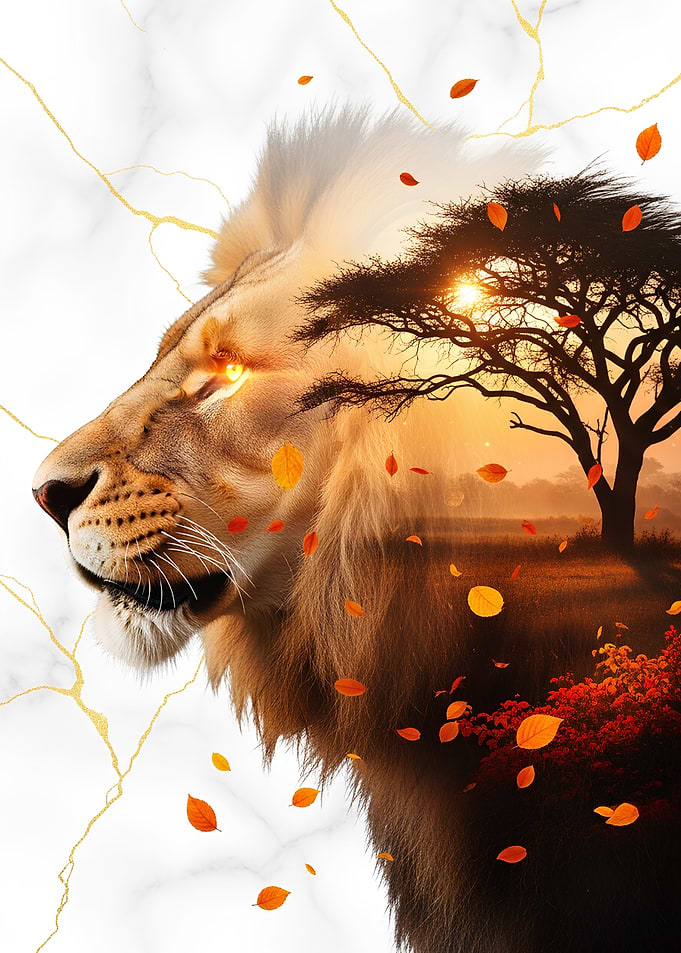 Lion with African Sunset Overlay