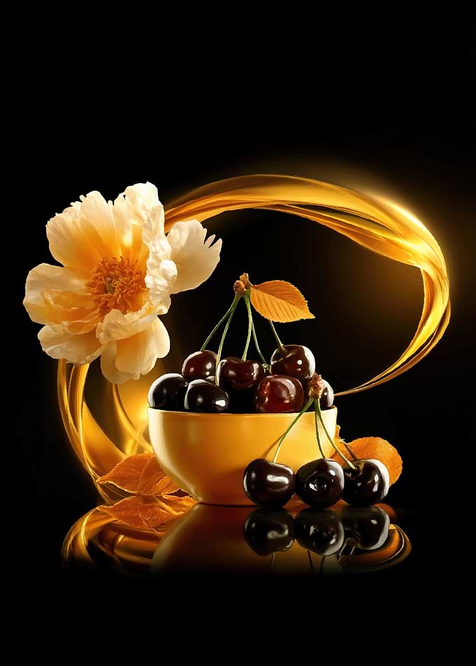 Cherries and Flower with Golden Swirl