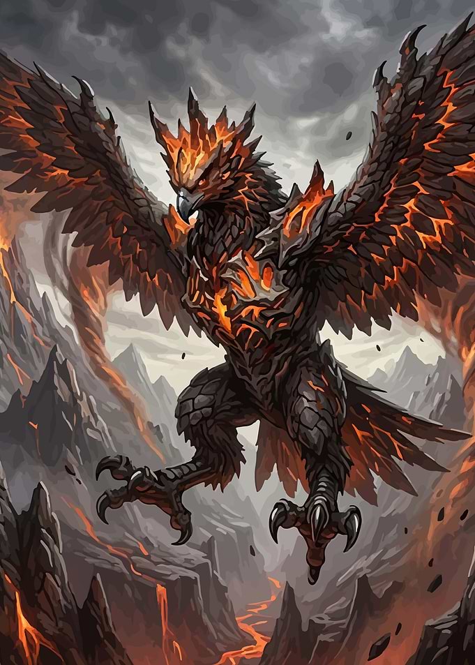 Fiery Phoenix Creature in Volcanic Landscape