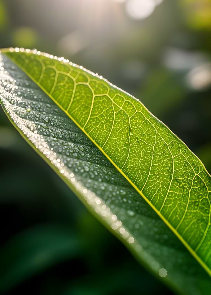 Dewdrops on a Green Leaf