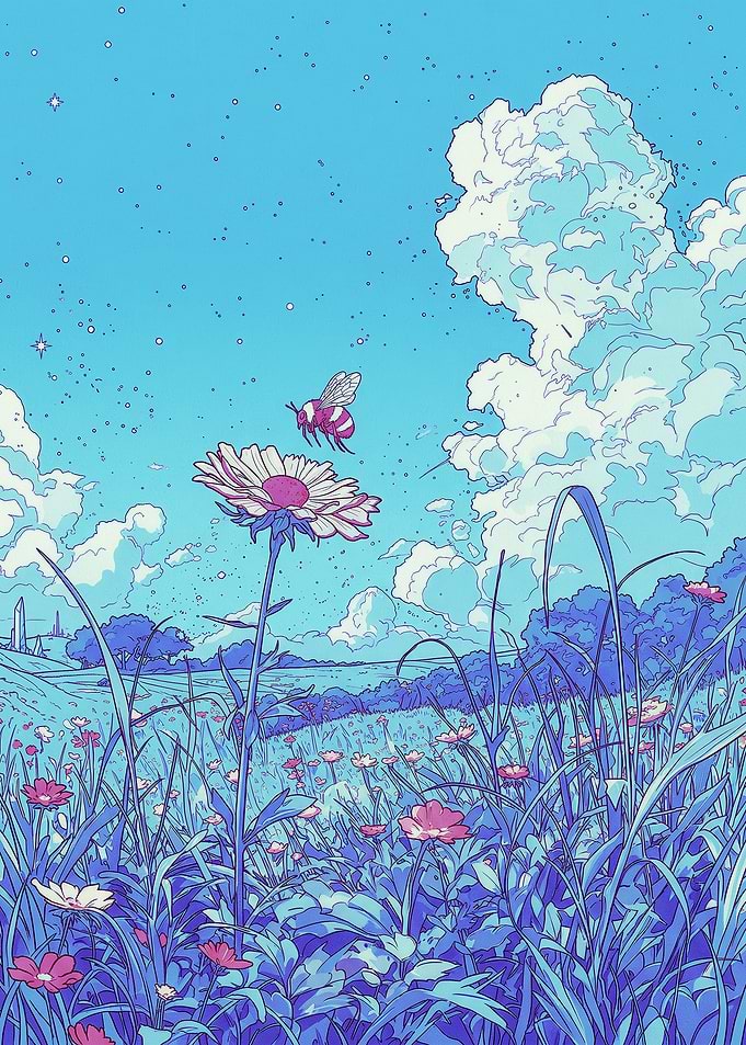 Bee and Daisy in a Field