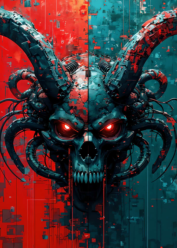 Cybernetic Skull with Glowing Red Eyes