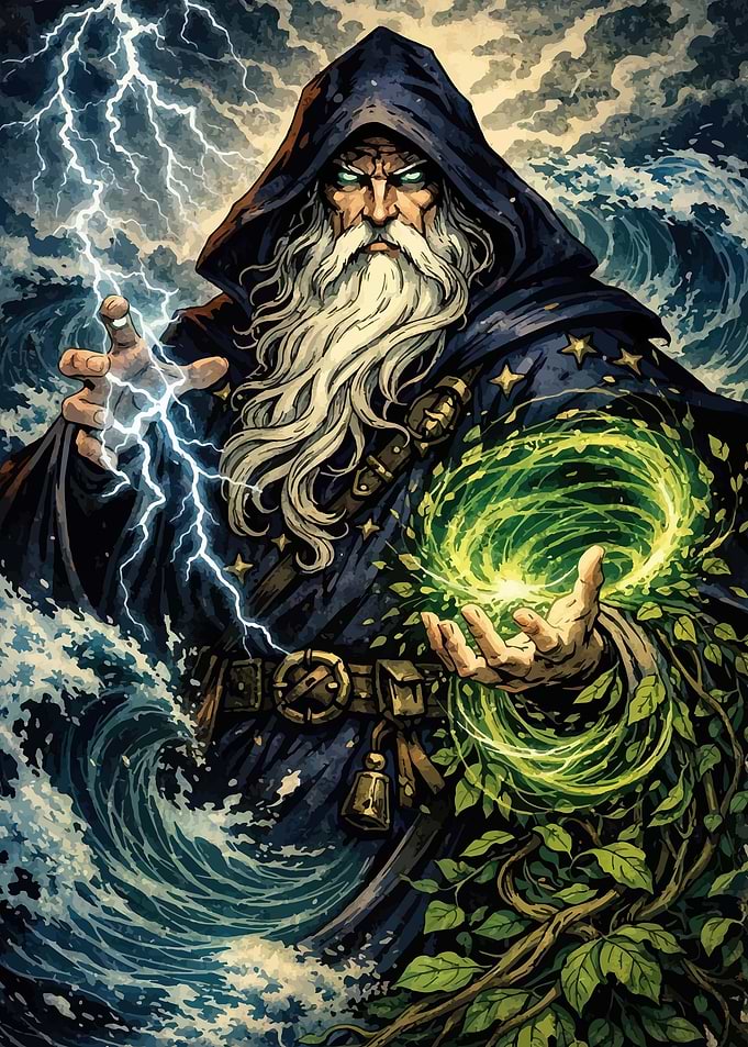Wizard casting spells with lightning and nature