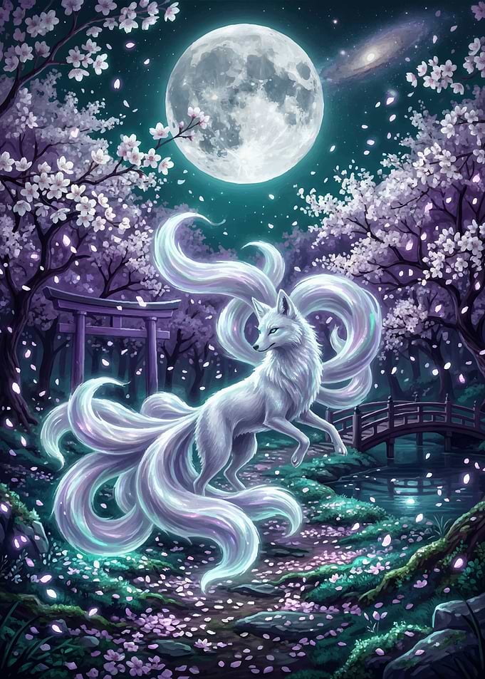 Mythical Fox Under Full Moon