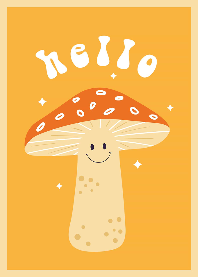 Hello Mushroom Poster, Cute Retro Groovy Wall Art, Whimsical Kawaii Print