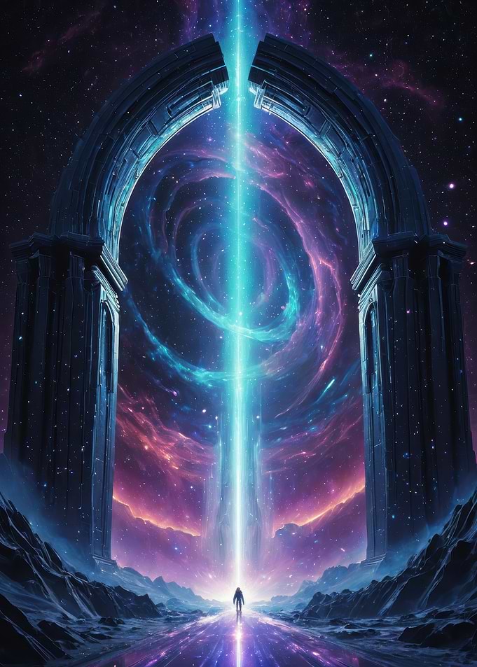 Celestial Gateway — Lone Explorer Approaches a Cosmic Portal