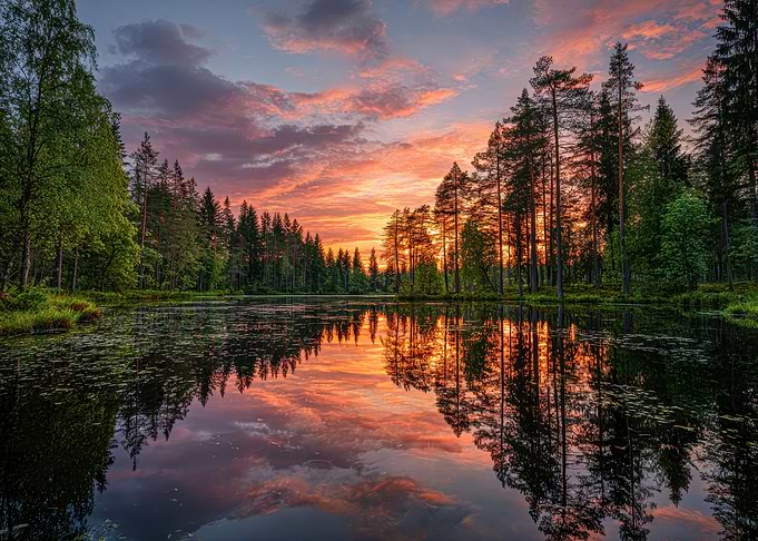 Sunset Reflection on a Forest Lake
