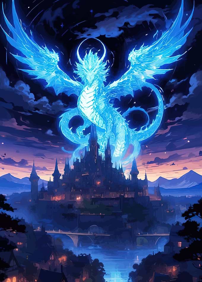 Blue Dragon Over Castle