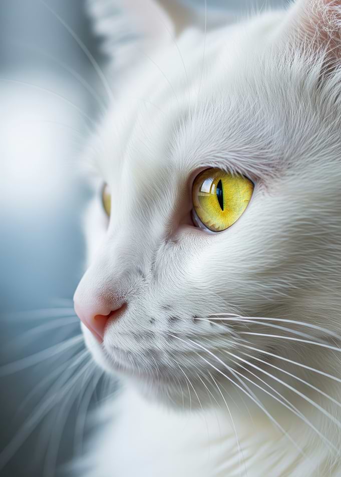 Close-up of a rare white cat's face with yellow eyes