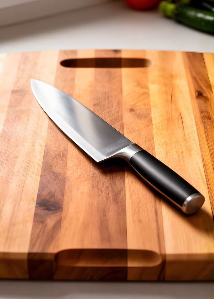 Chef's Knife on Wooden Cutting Board