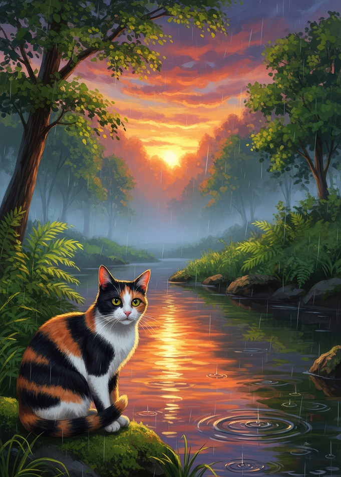 Calico Cat by a River at Sunset