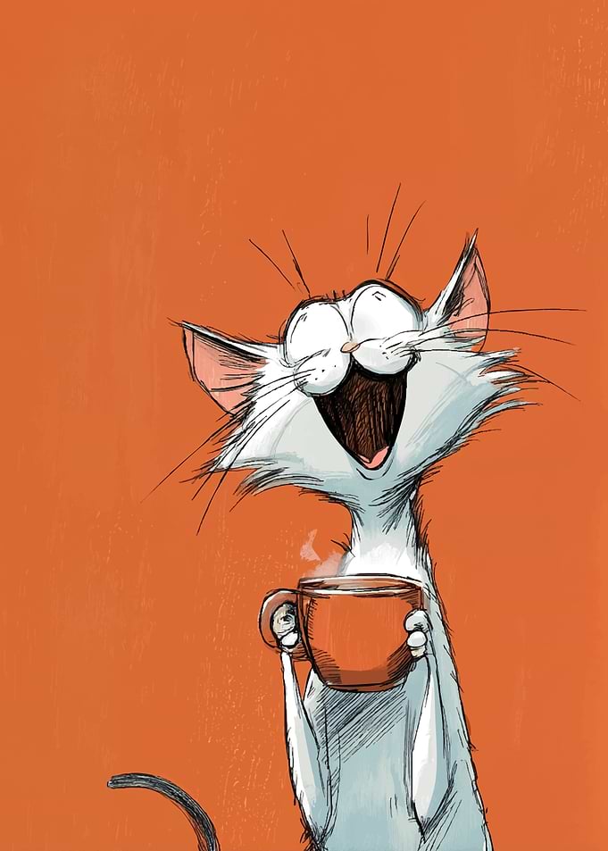 Happy Cat with Coffee Mug