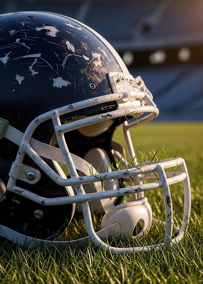 Worn Football Helmet on Grassy Field