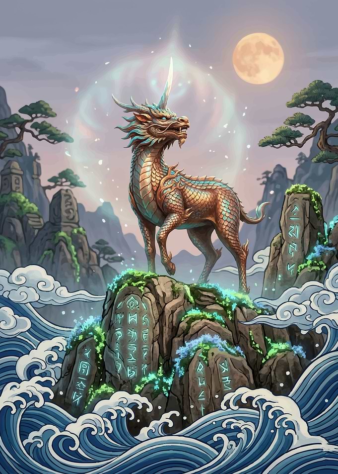 Mythical Dragon-like Creature on Rocky Island