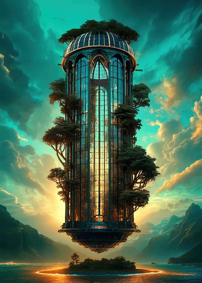 Floating Greenhouse in a Mystical Landscape