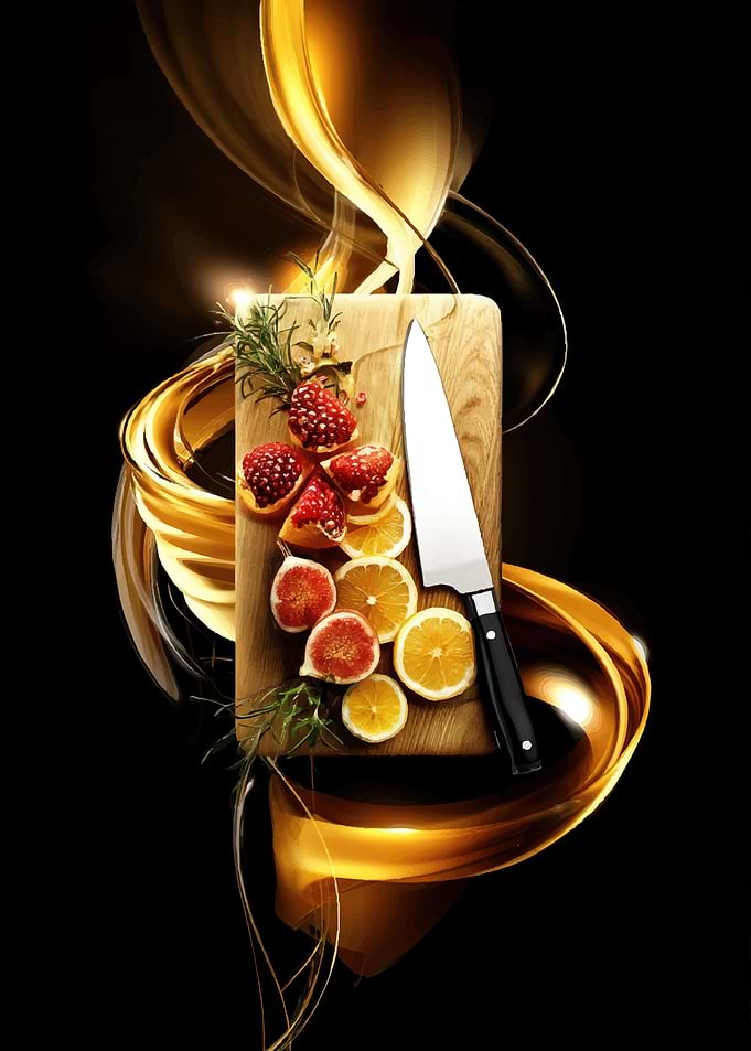 Garnishes and Knife on Cutting Board