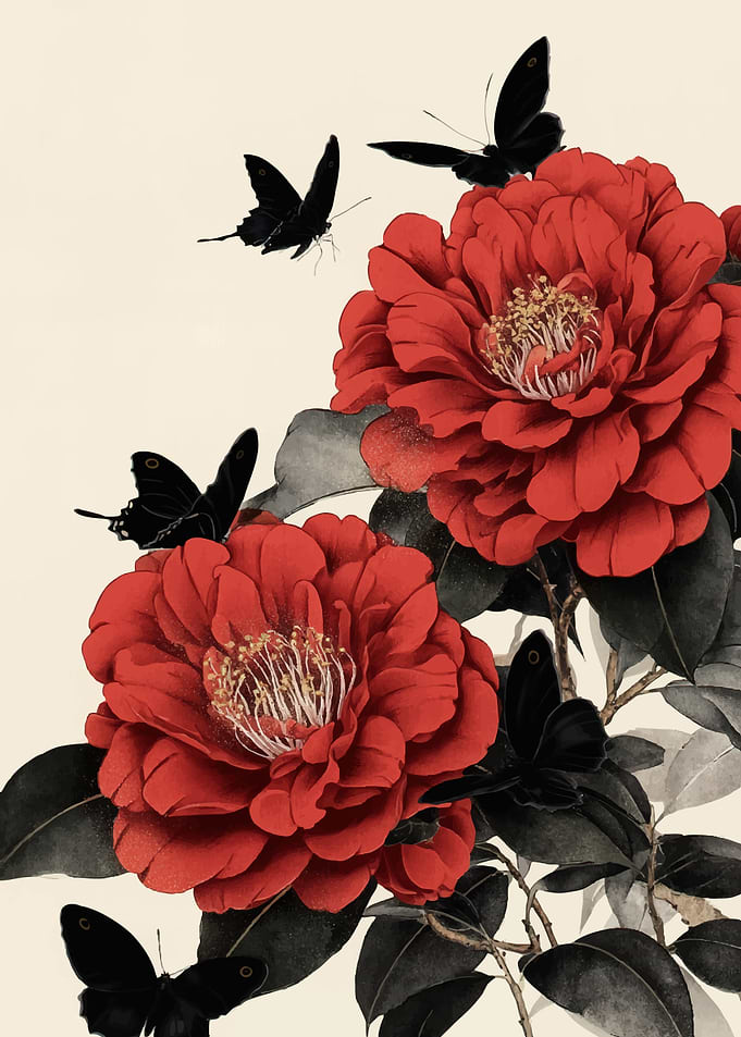 Red Camellias and Black Butterflies