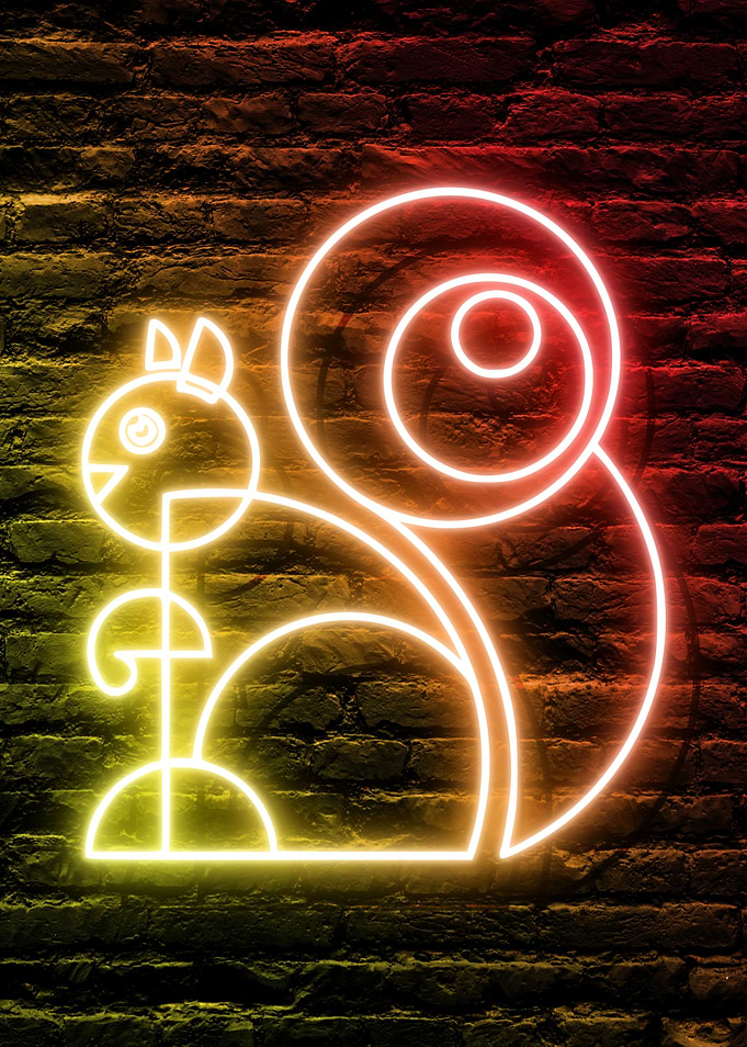 Neon Squirrel on Brick Wall