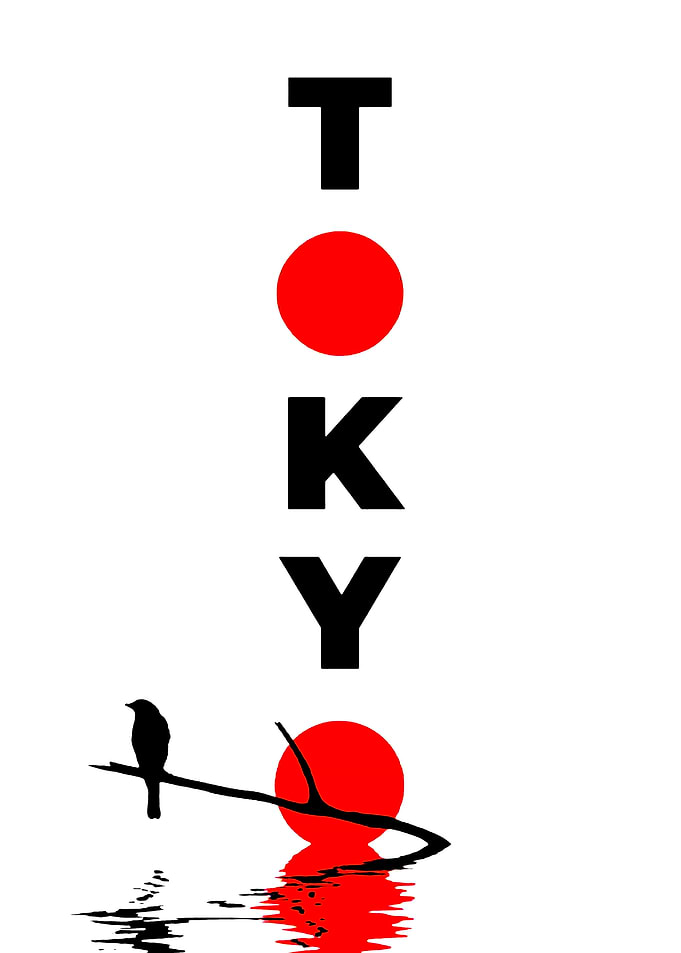 Tokyo text art with bird and sun