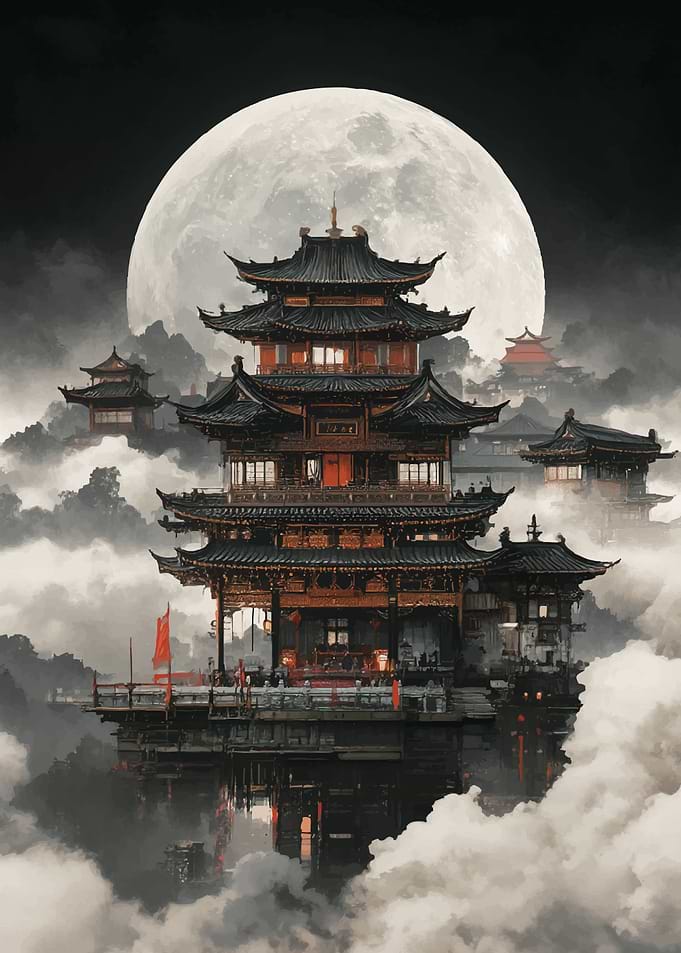 Mystical Asian Pagodas Under a Full Moon