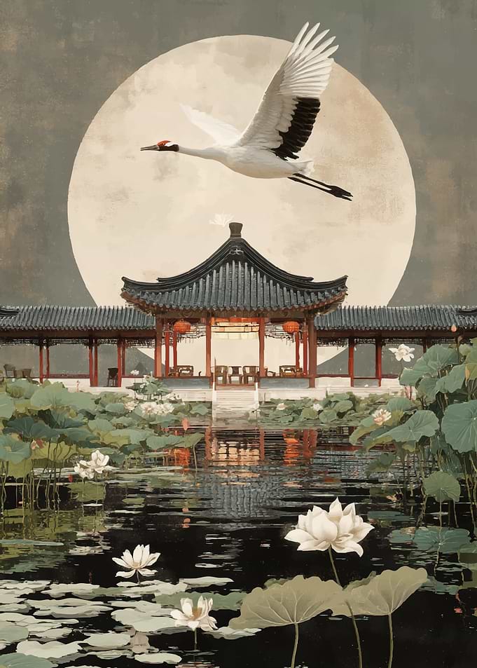 Crane flying over lotus pond and pavilion