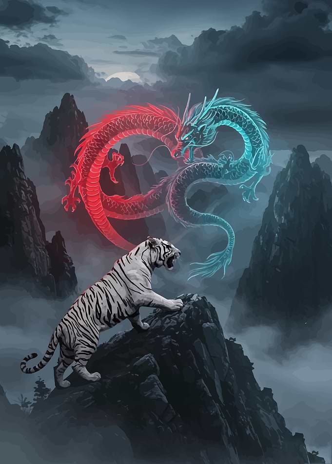 Tiger and Dragons in Mountains