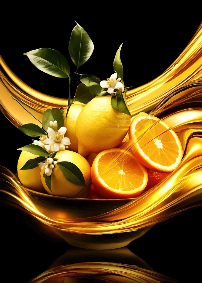 Citrus fruits with golden liquid