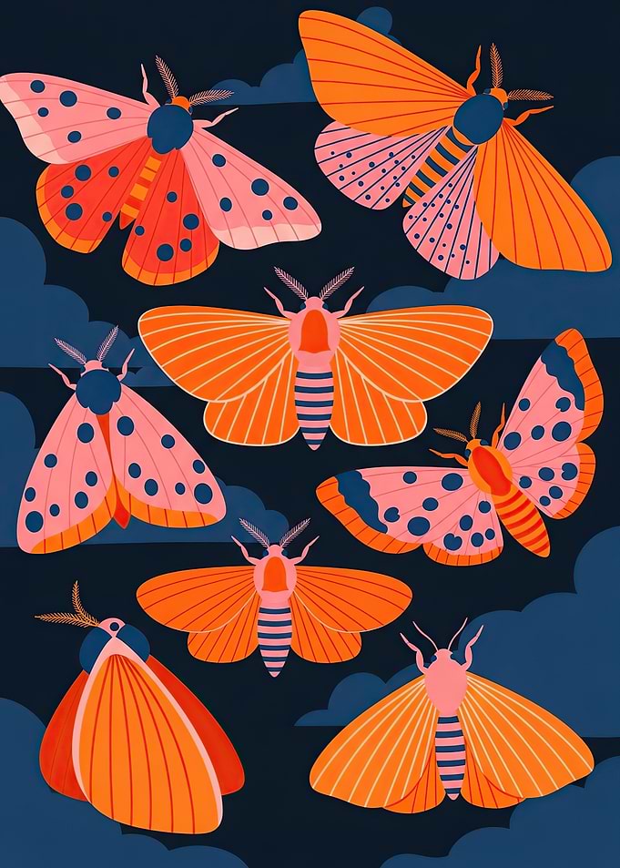 Colorful Moths on Dark Background