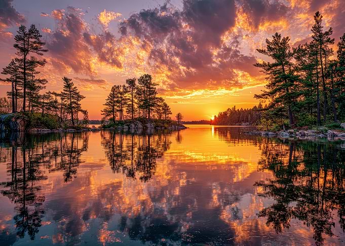 Sunset over a tranquil lake with islands