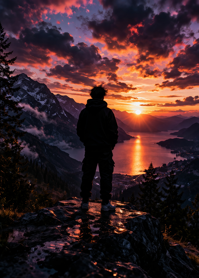 Man watching sunset over lake and mountains