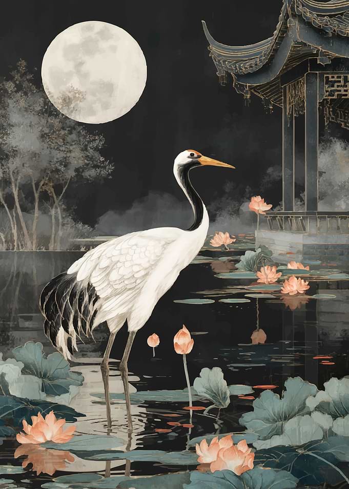Crane and Pagoda by Moonlight