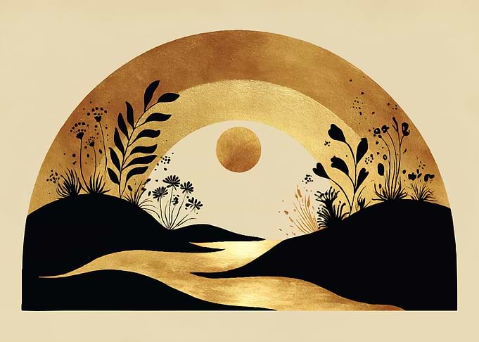 Golden Rainbow Landscape with Sun and Plants