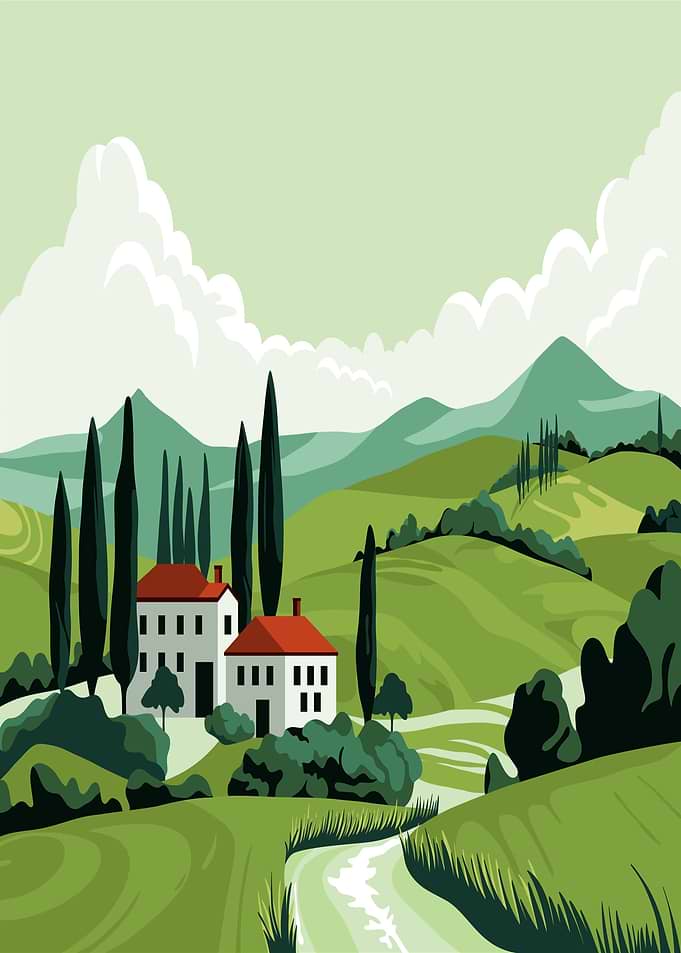 Tuscan Landscape with Villas and Cypress Trees