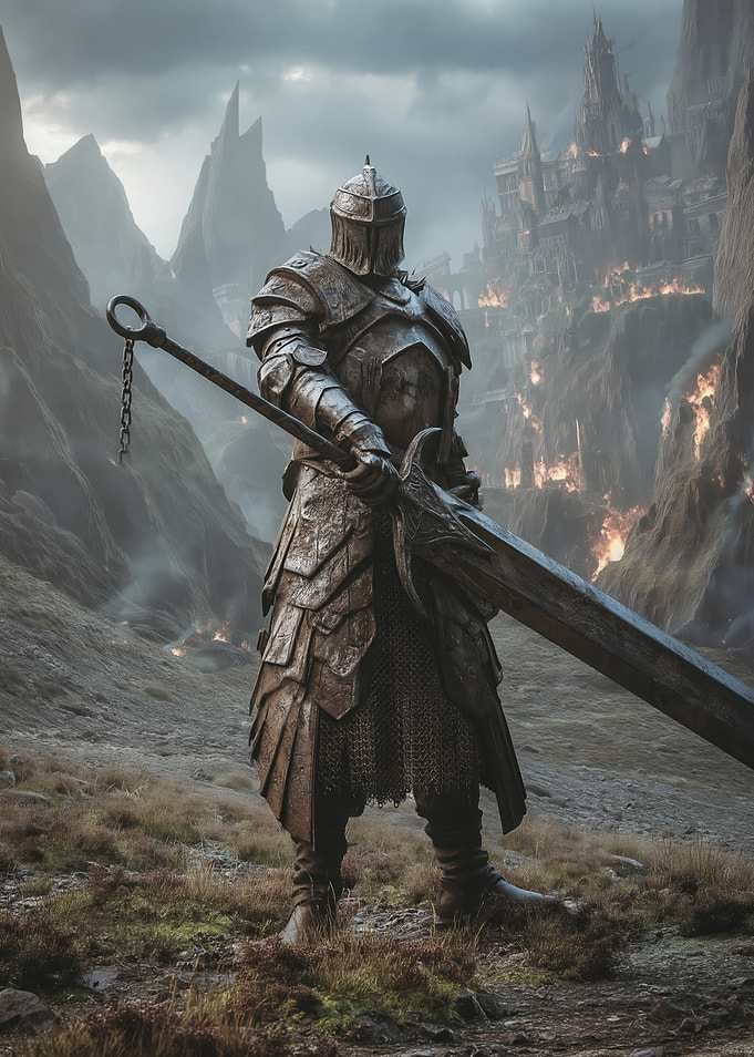 Knight with Greatsword in Burning Landscape