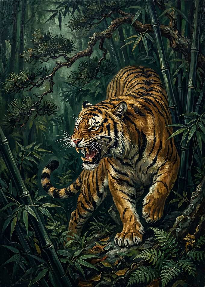 Fierce Tiger in Bamboo Forest
