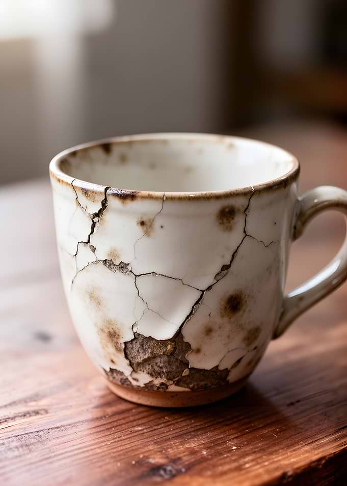 Cracked Ceramic Mug on Wooden Table