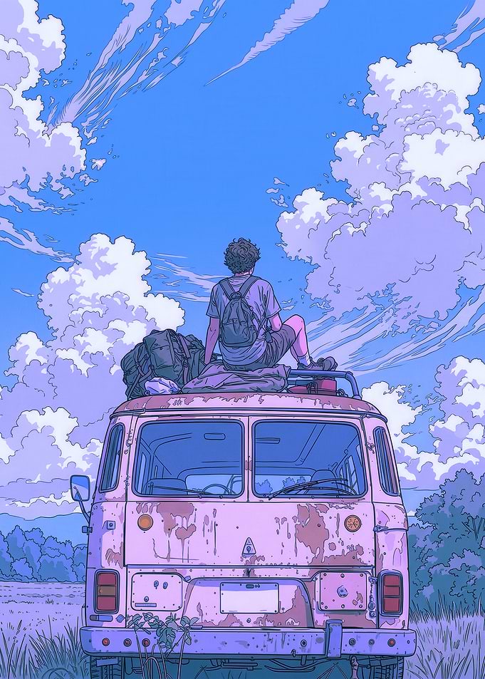 Person on top of a van looking at the sky