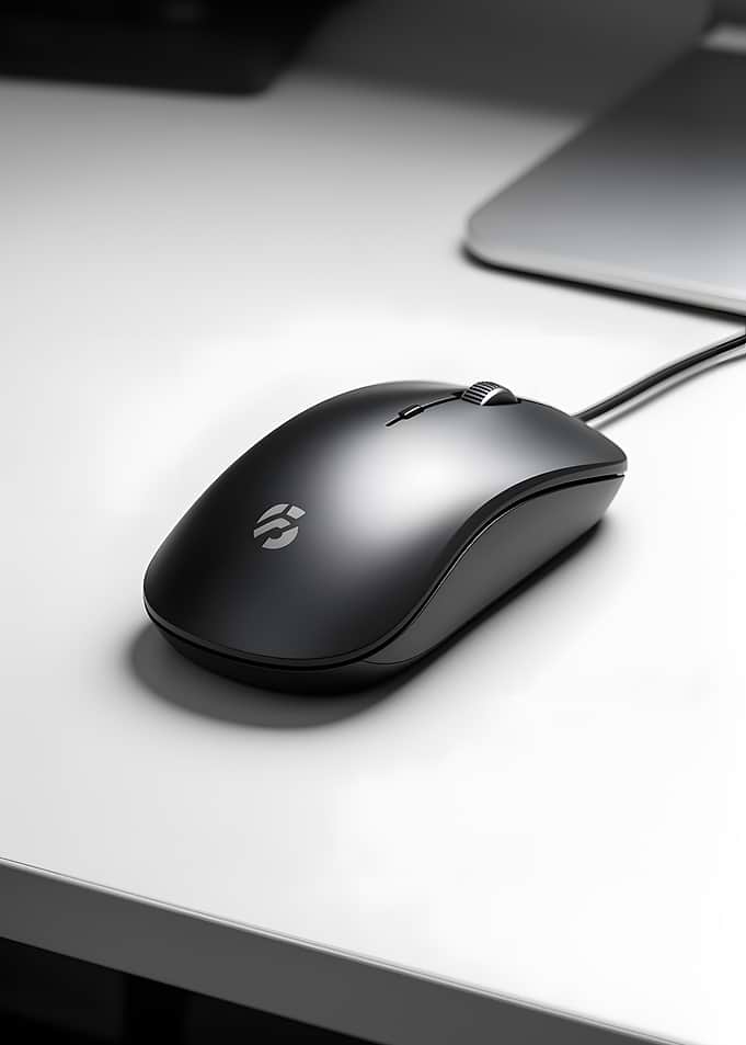 Sleek Black Computer Mouse on White Desk
