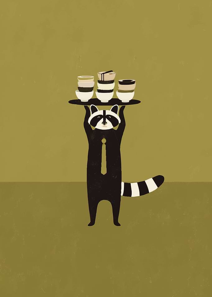 Raccoon waiter with stacked bowls