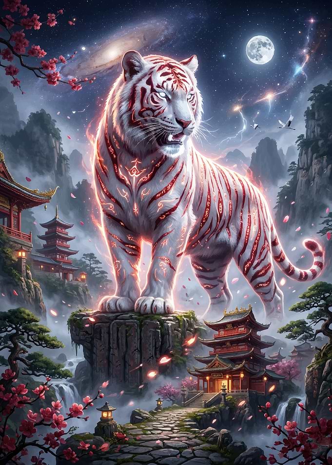 Mystical White Tiger in Japanese Landscape