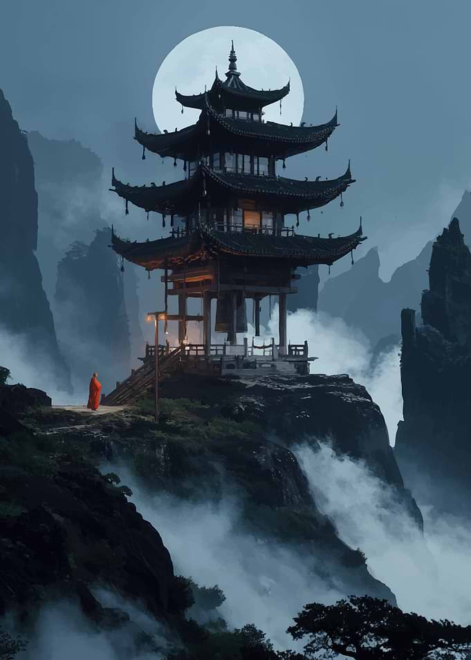 Monk at Pagoda Under Full Moon