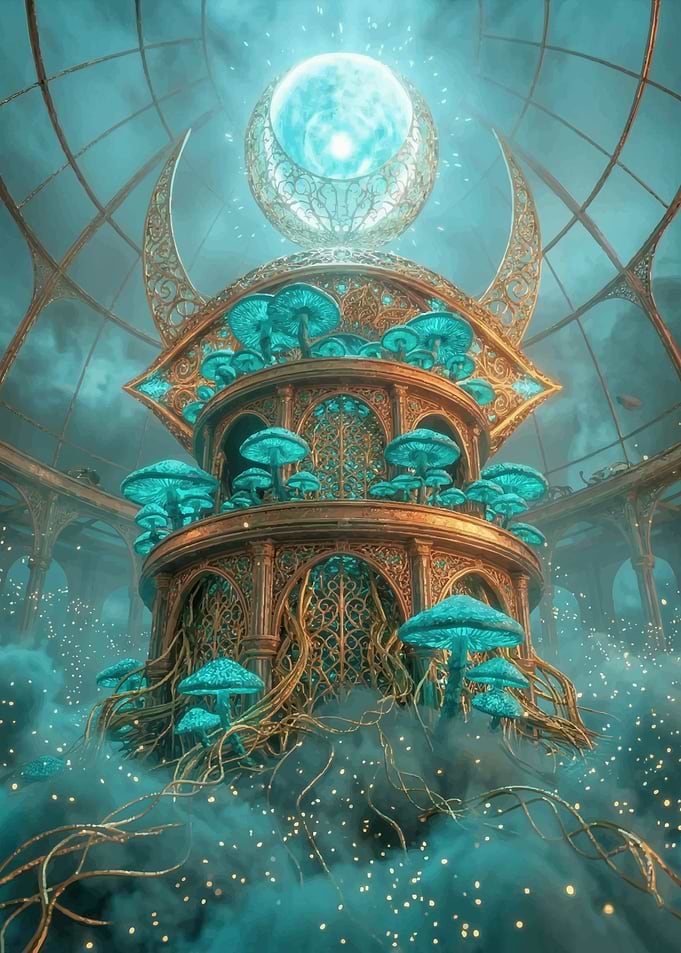 Enchanted Mushroom Temple with Celestial Orb