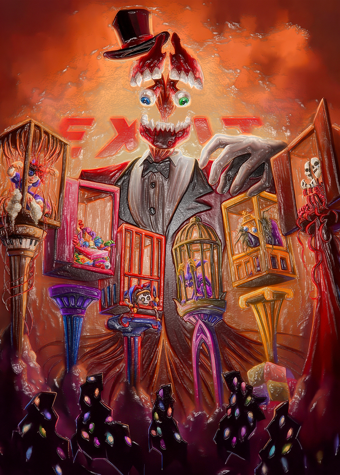 Surreal Circus Master with Caged Figures
