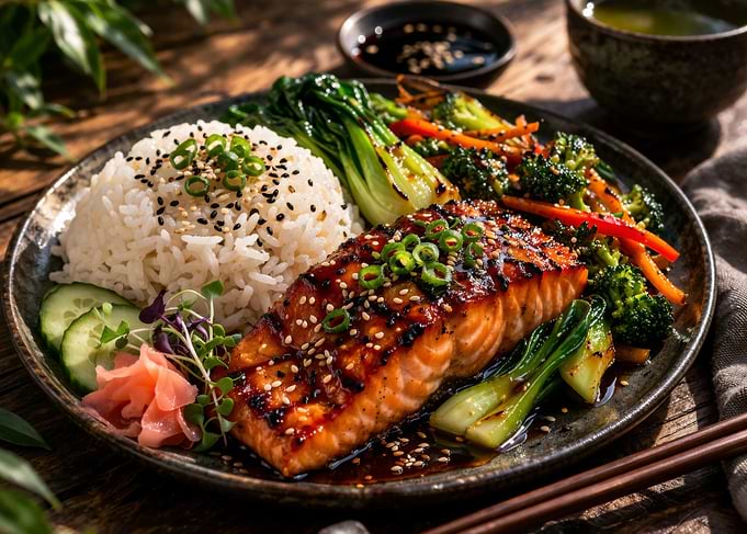 Teriyaki Salmon with Rice and Vegetables