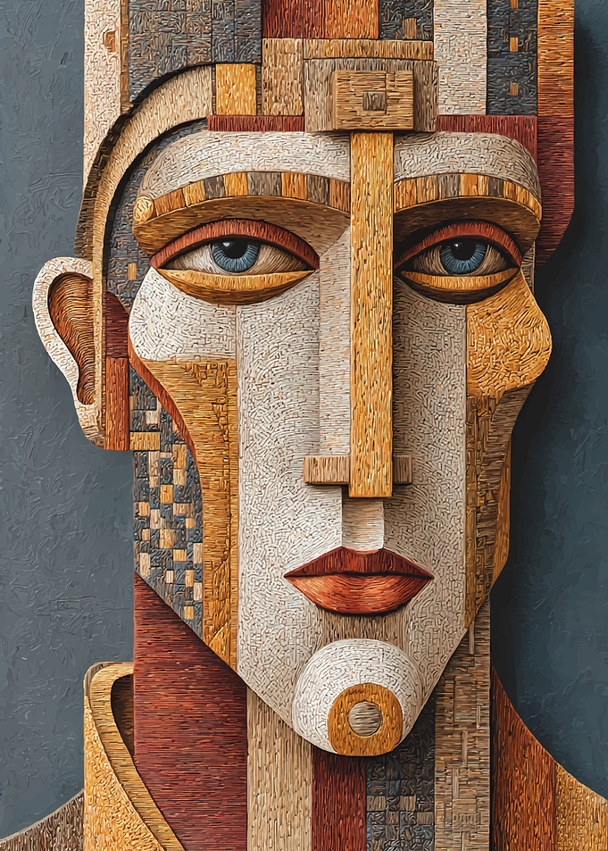Cubist Portrait with Textured Wood Mosaic