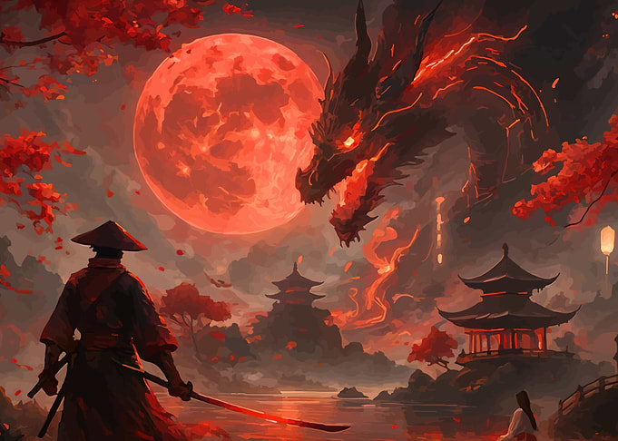 Samurai vs Dragon Under Red Moon