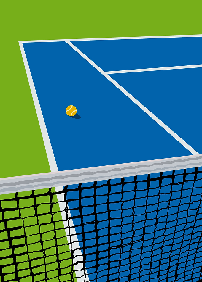 Tennis court with ball and net