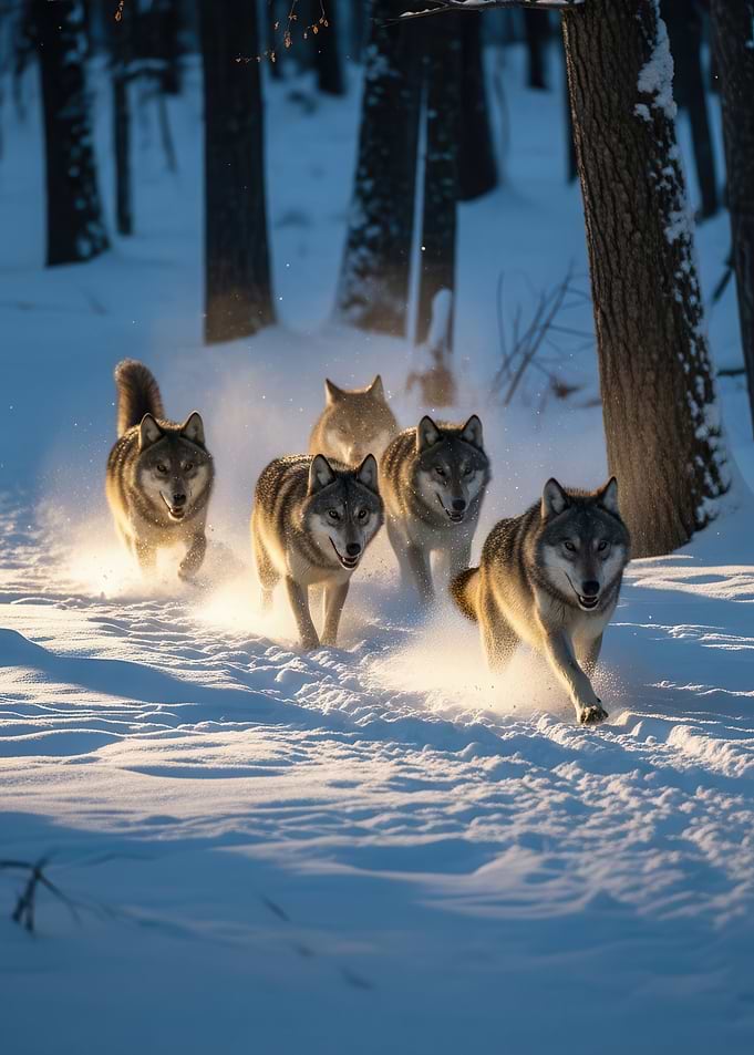 Wolves running through a snowy forest