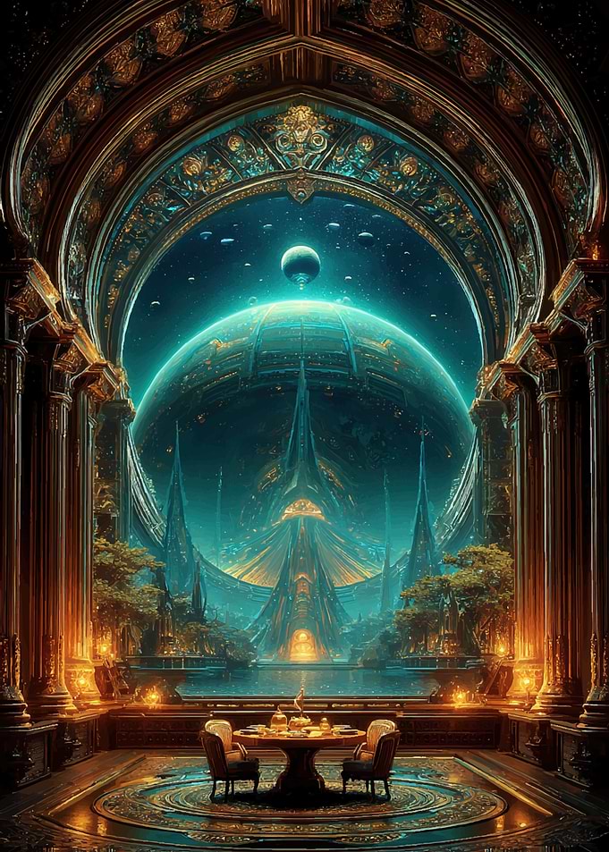 Futuristic Grand Hall with Cosmic View